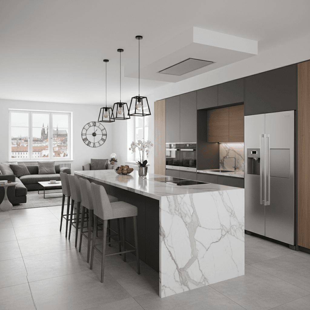 High-end kitchen with marble finishes