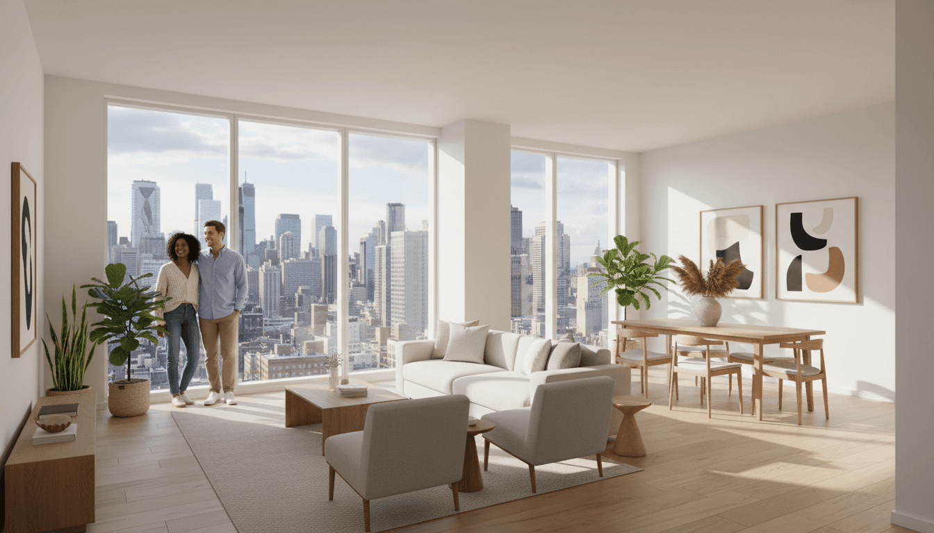 Luxury modern apartment interior in Prague with large windows overlooking the city skyline