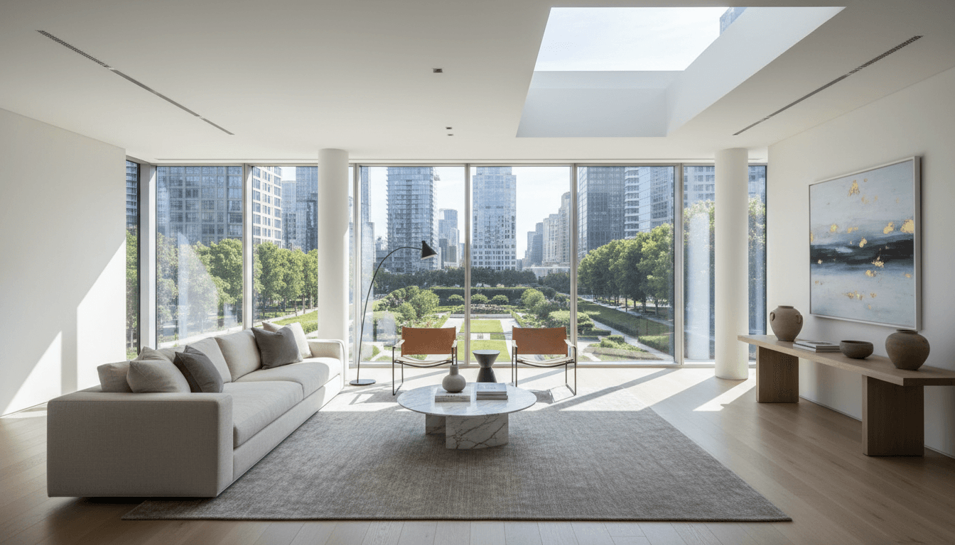 Luxury apartment interior with city views in Prague
