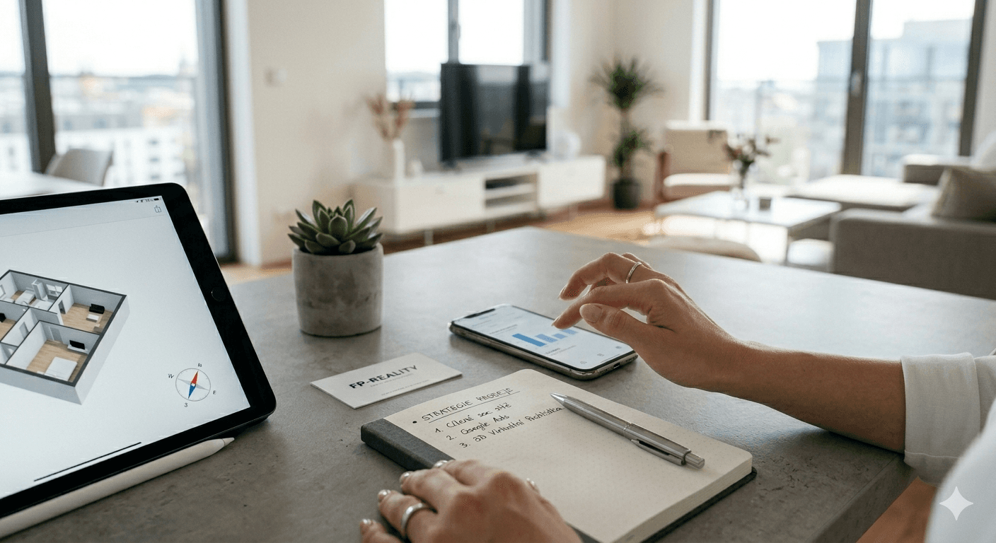 Hands using a smartphone and tablet with a 3D floor plan in a bright room.