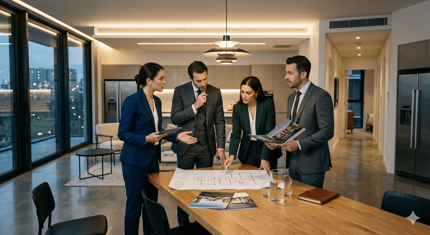 Four business professionals review architectural blueprints around a table in a modern, luxury apartment.