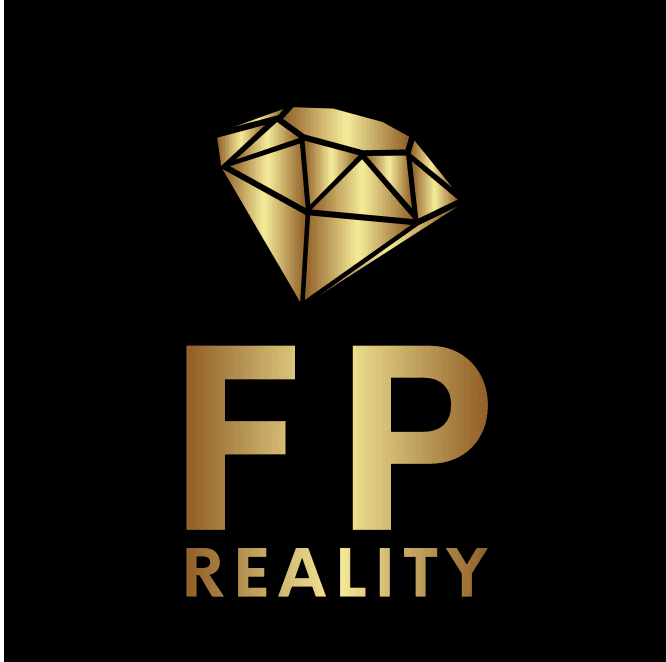 Golden diamond icon positioned above large FP initials and the word REALITY on black.